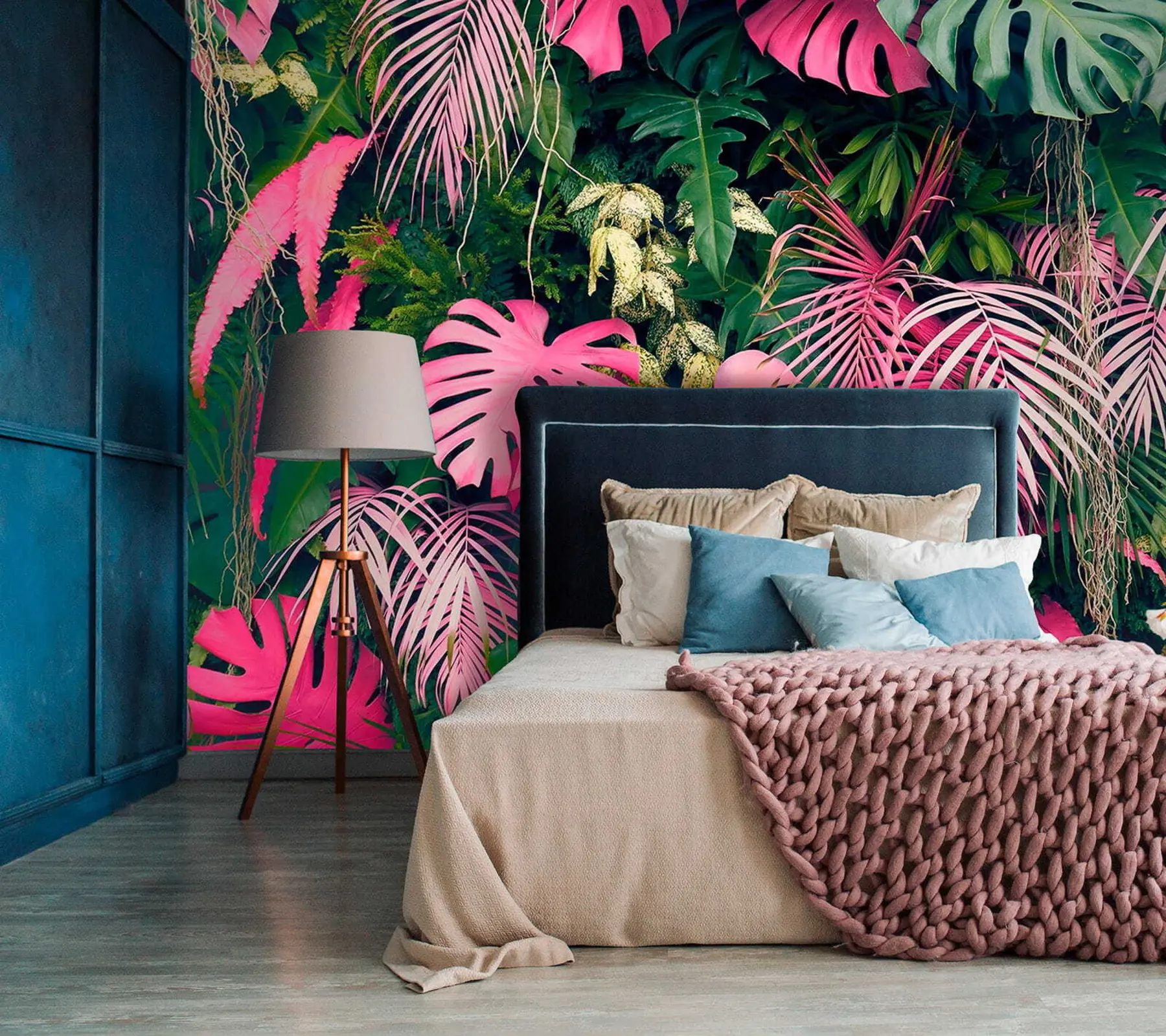 Carta da parati nature Fogliame verde e rosa 