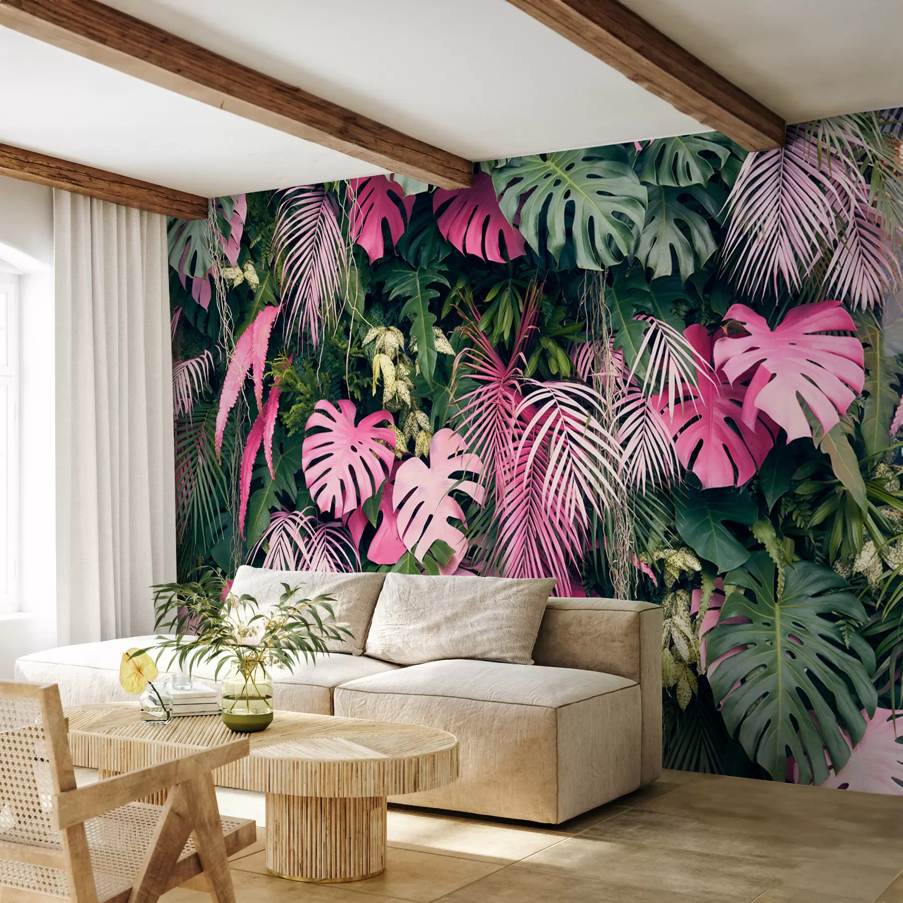 Carta da parati nature Fogliame verde e rosa 