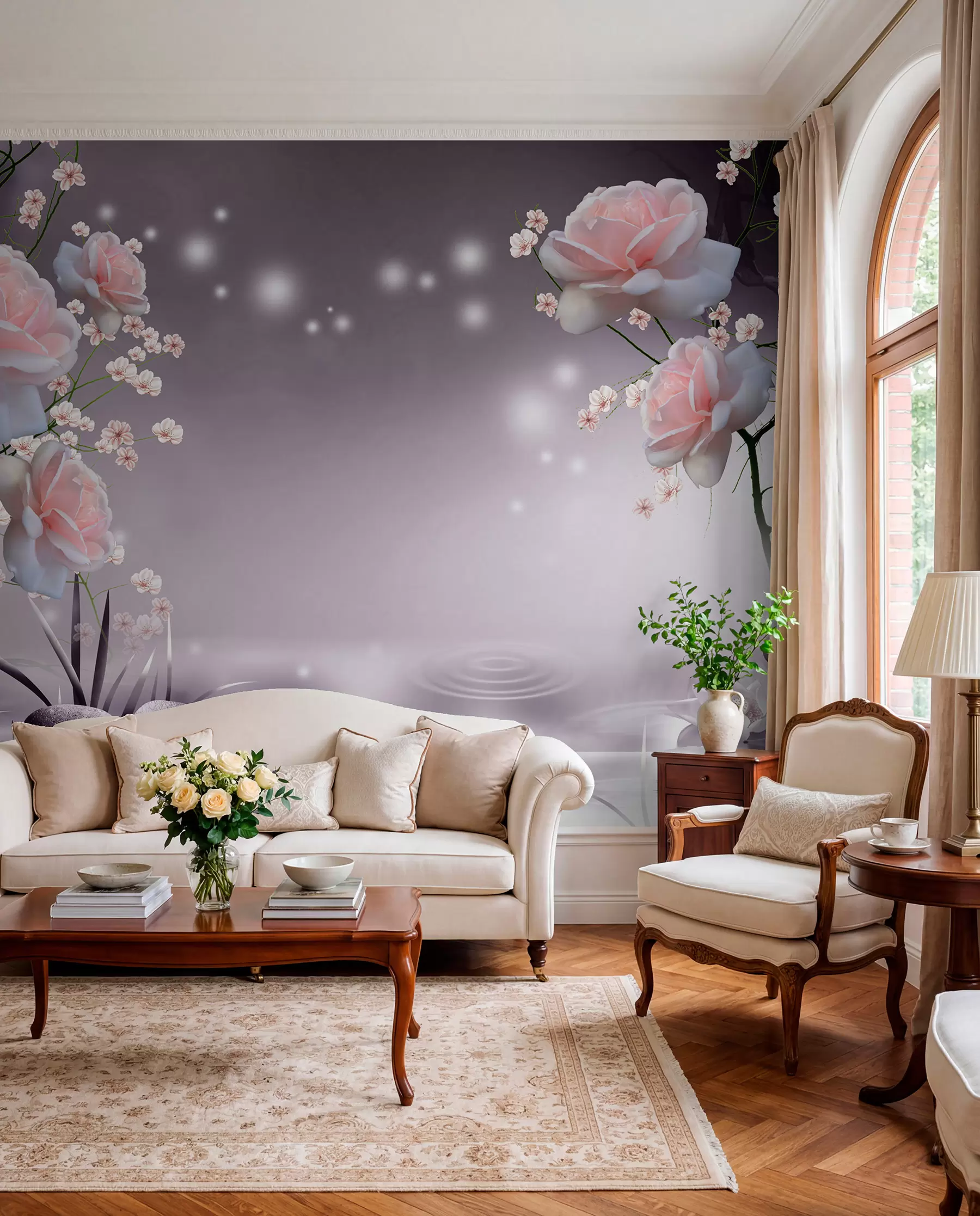 Carta da parati 3D Fiori Rose e punti di luce n. u01045