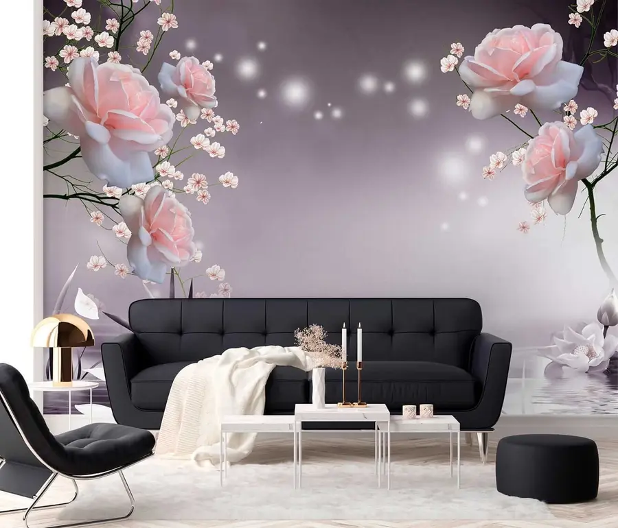 Carta da parati 3D Fiori Rose sulle increspature dell'acqua n. u01045