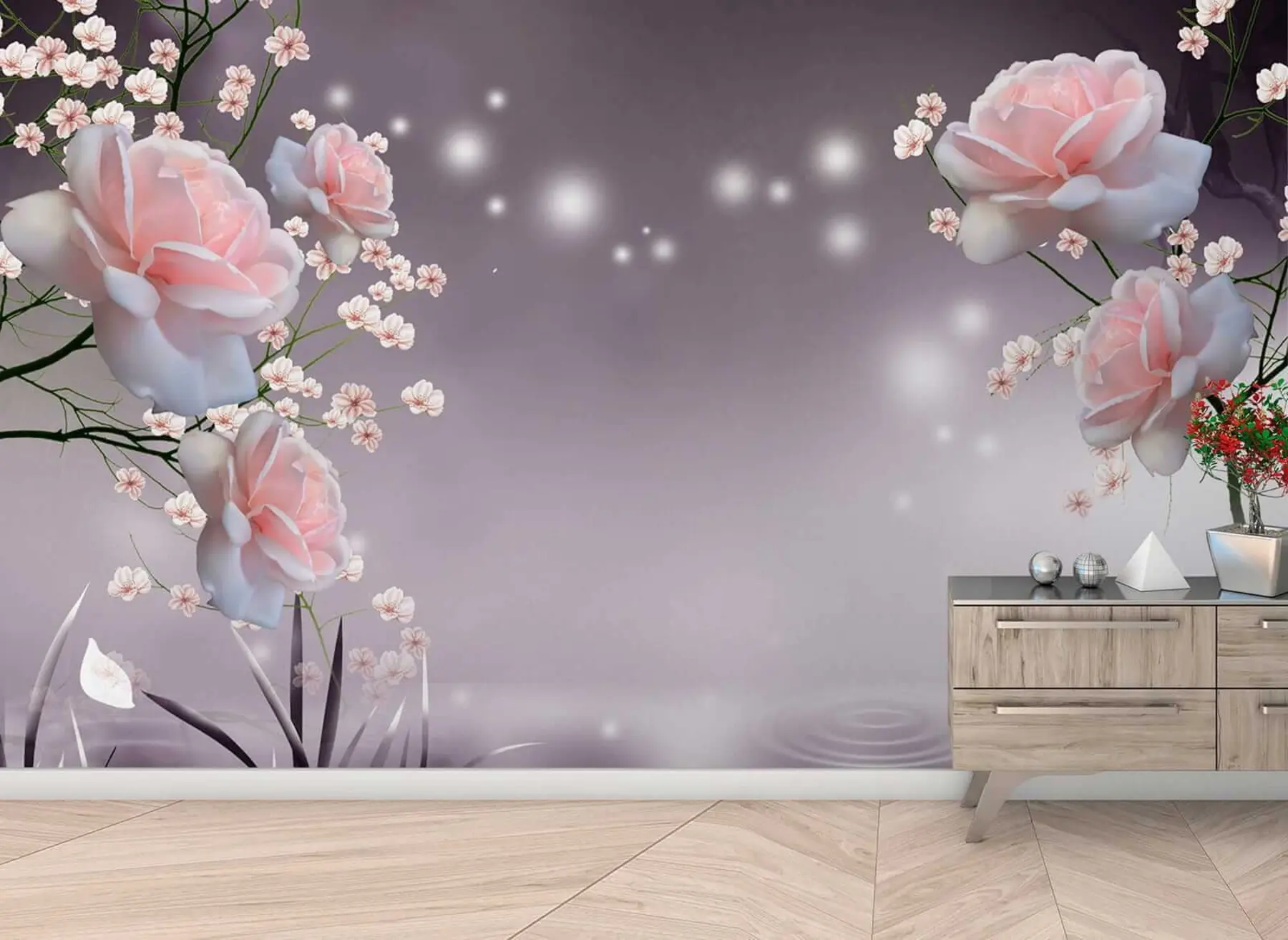 Carta da parati 3D Fiori Rose sulle increspature dell'acqua n. u01045