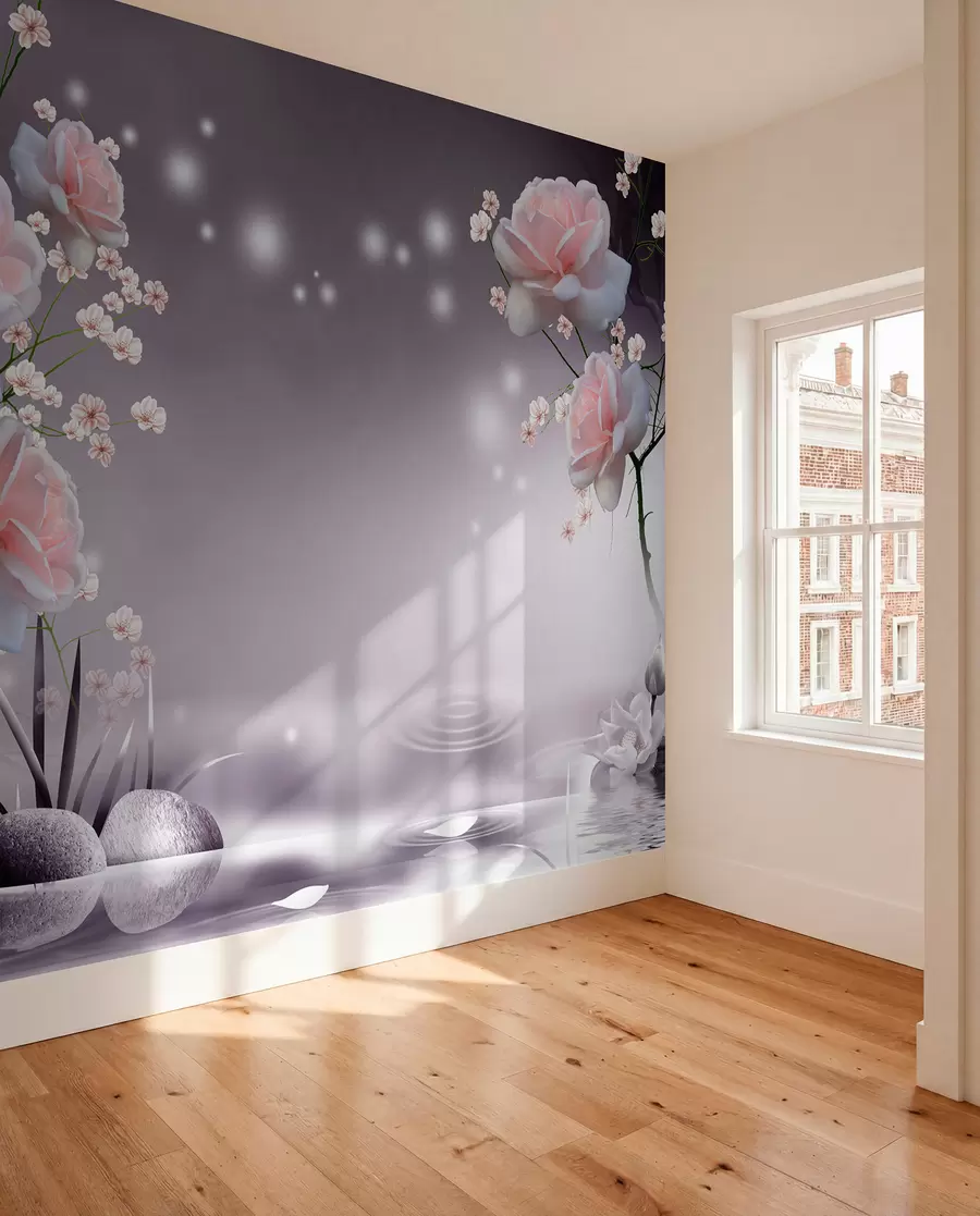 Carta da parati 3D Fiori Rose sulle increspature dell'acqua n. u01045