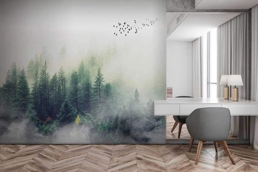 Carta da parati Foresta Nebbiosa Foresta e uccelli nella nebbia n. u10882