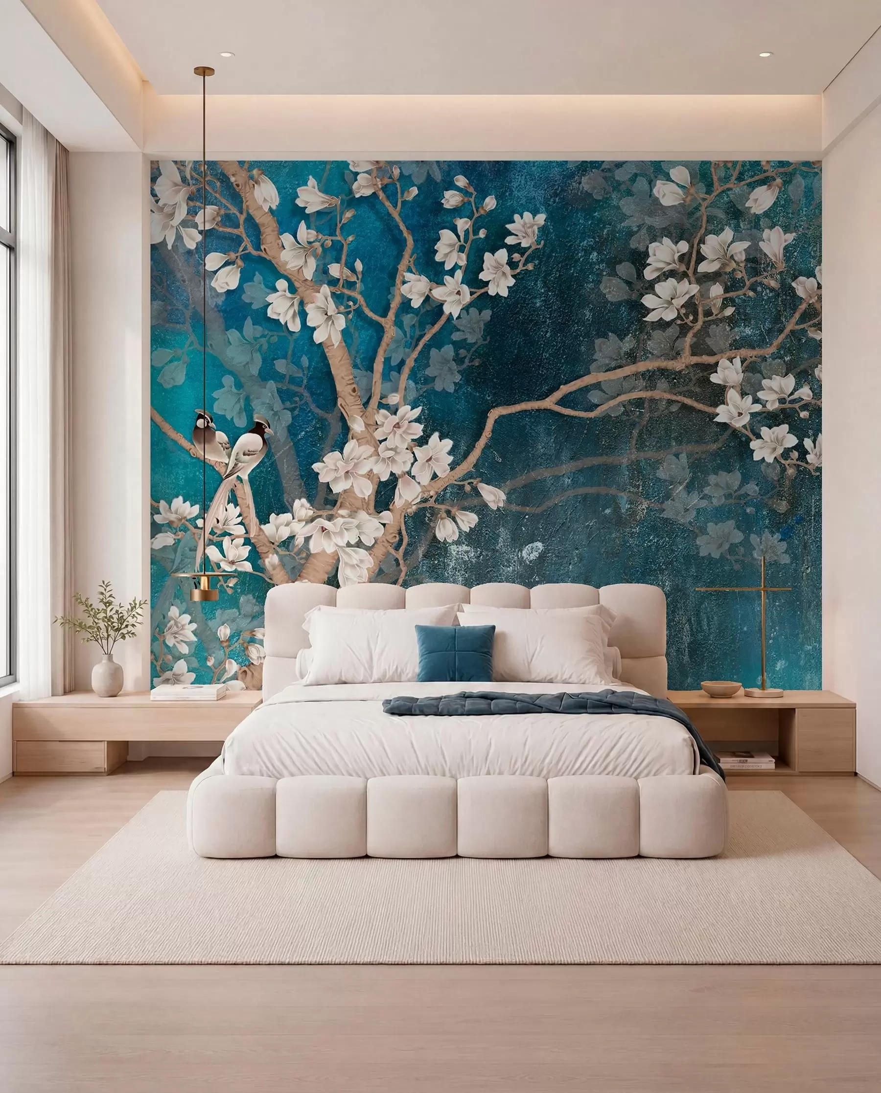 Carta da parati Floreale Uccelli e fiori sul blu n. u12150