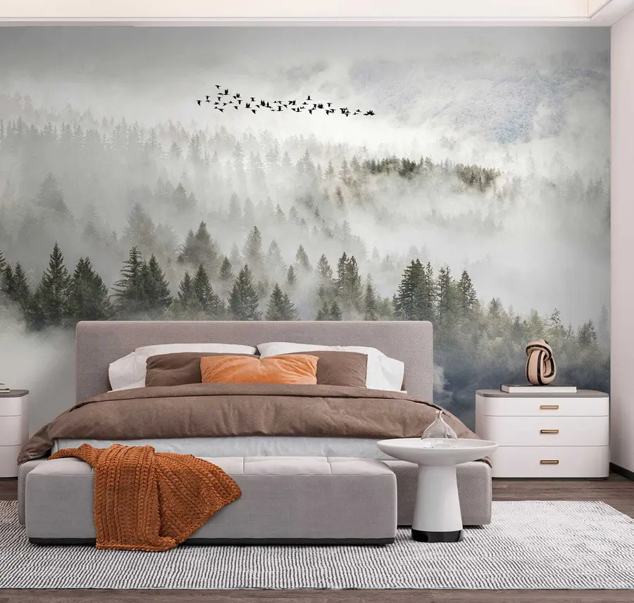 Carta da parati Foresta Nebbiosa Foresta di nebbia e uccelli n. u13823
