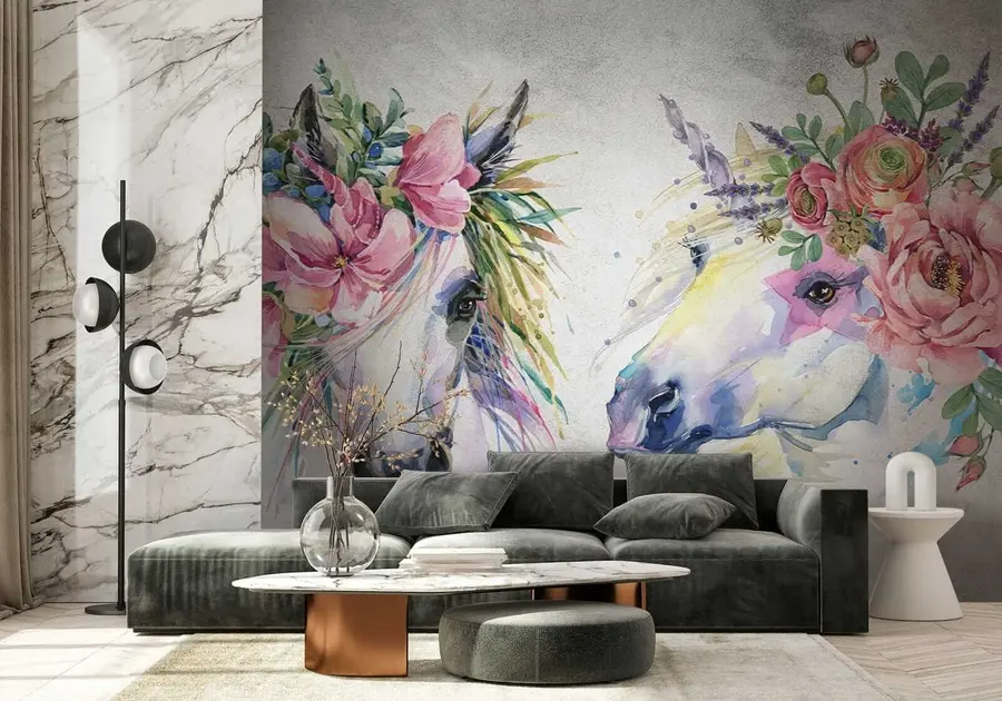 carta da parati Cavalli con fiori nr. u14264