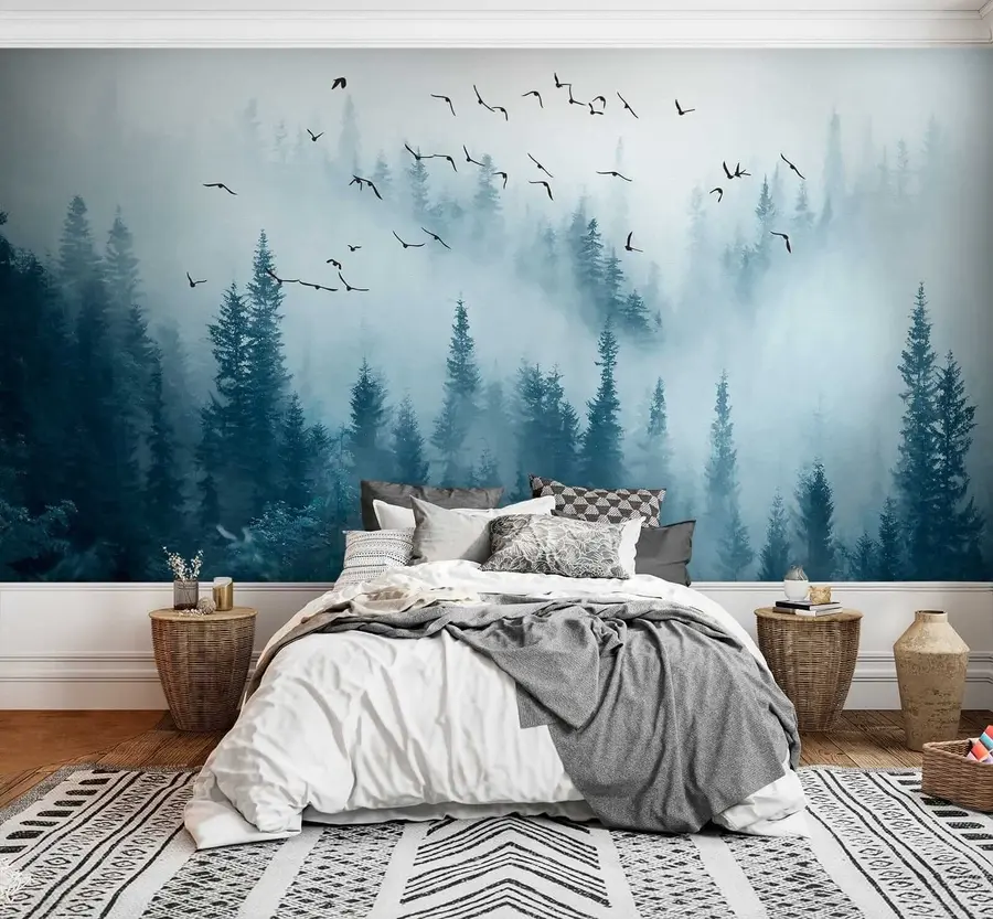 Carta da parati Foresta Nebbiosa Foresta in nebbia e uccelli n. u22288