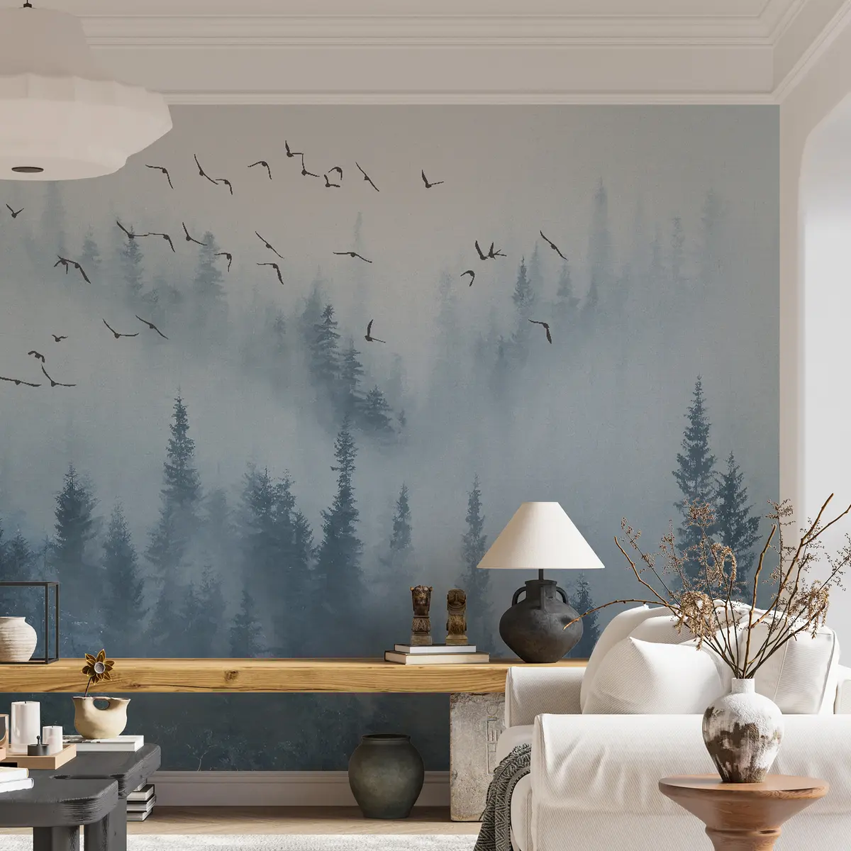carta da parati Foresta in nebbia e uccelli nr. u22288