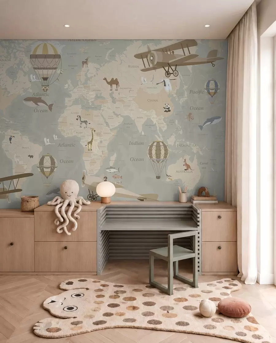 Carta da parati per Bambini Mappa del mondo e mongolfiere 