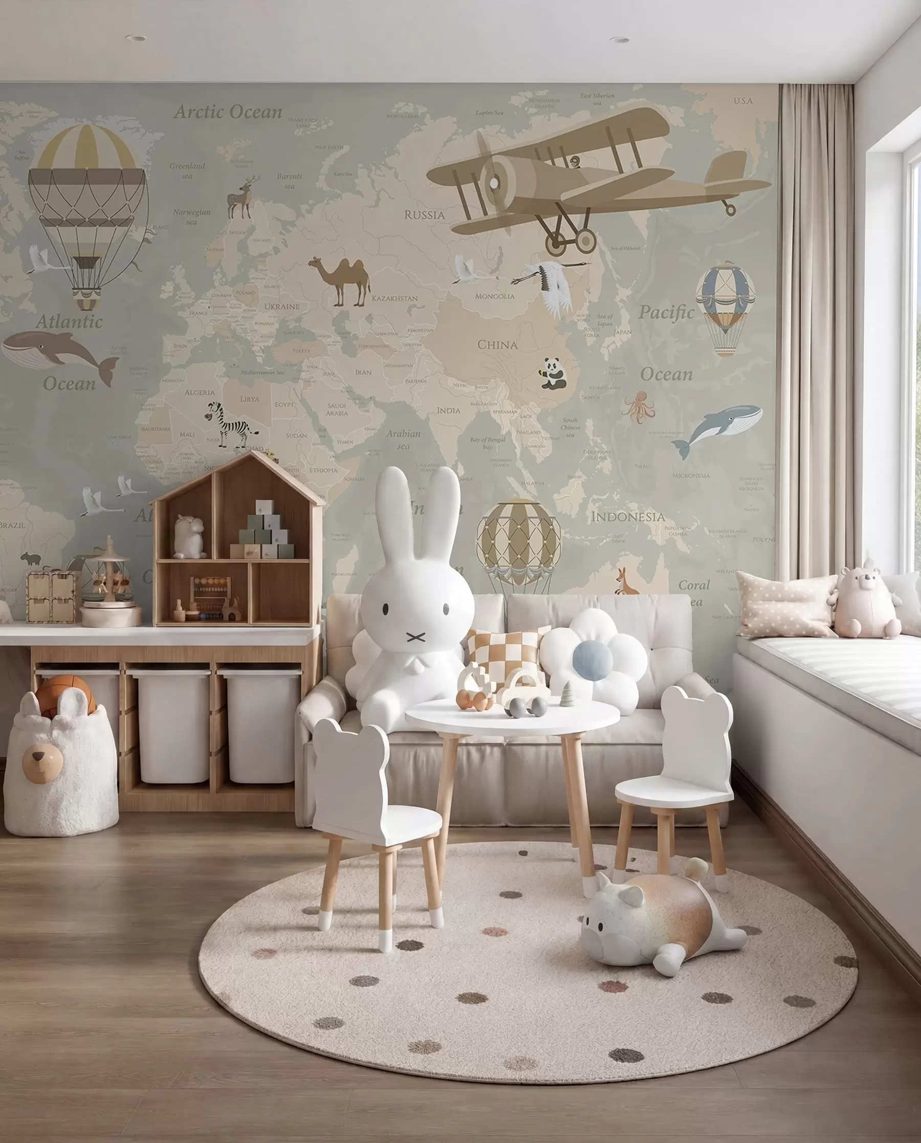 Carta da parati per Bambini Mappa del mondo e mongolfiere 