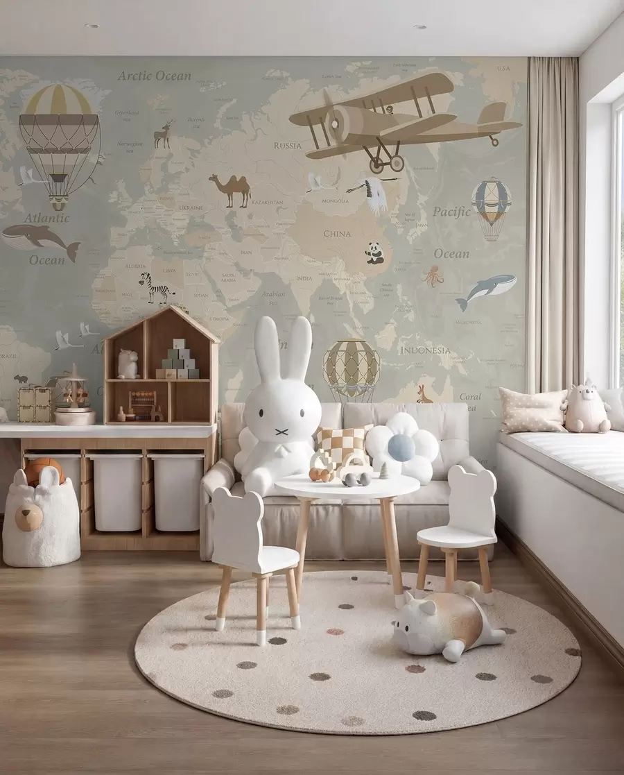 Carta da parati per Bambini Mappa del mondo e mongolfiere 