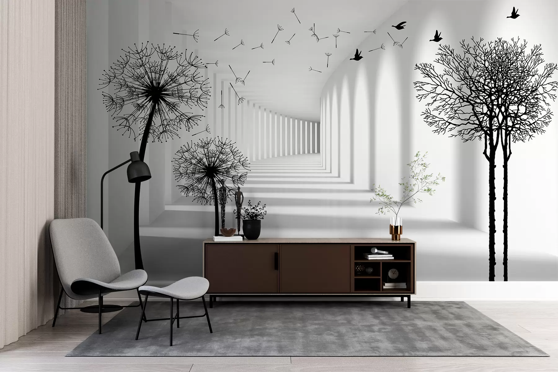 carta da parati Tunnel 3d e denti di leone nr. u37803