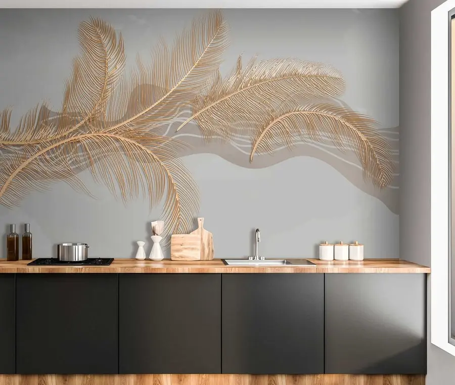 Carta da parati Tropici della Foresta Grandi piume fragili su sfondo grigio n. u40388