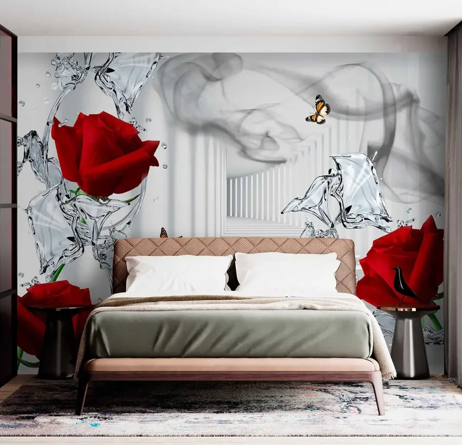 Carta da parati con rose Rose rosse e spruzzi d'acqua n. u41092