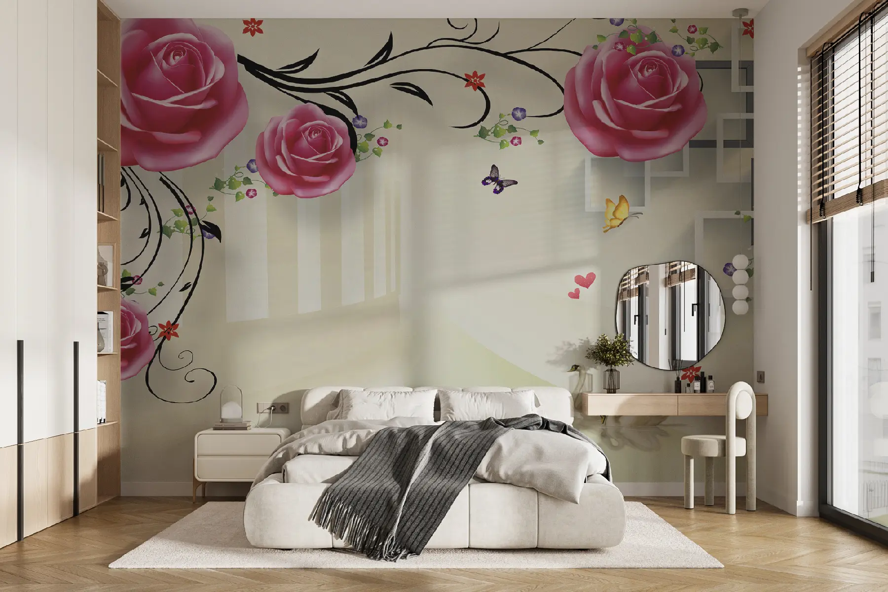 Carta da parati 3D Fiori Rose e cigni n. u41708