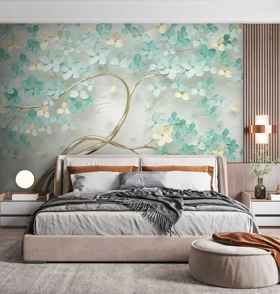 Carta da parati 3D Fiori Albero con fiori blu n. u52550