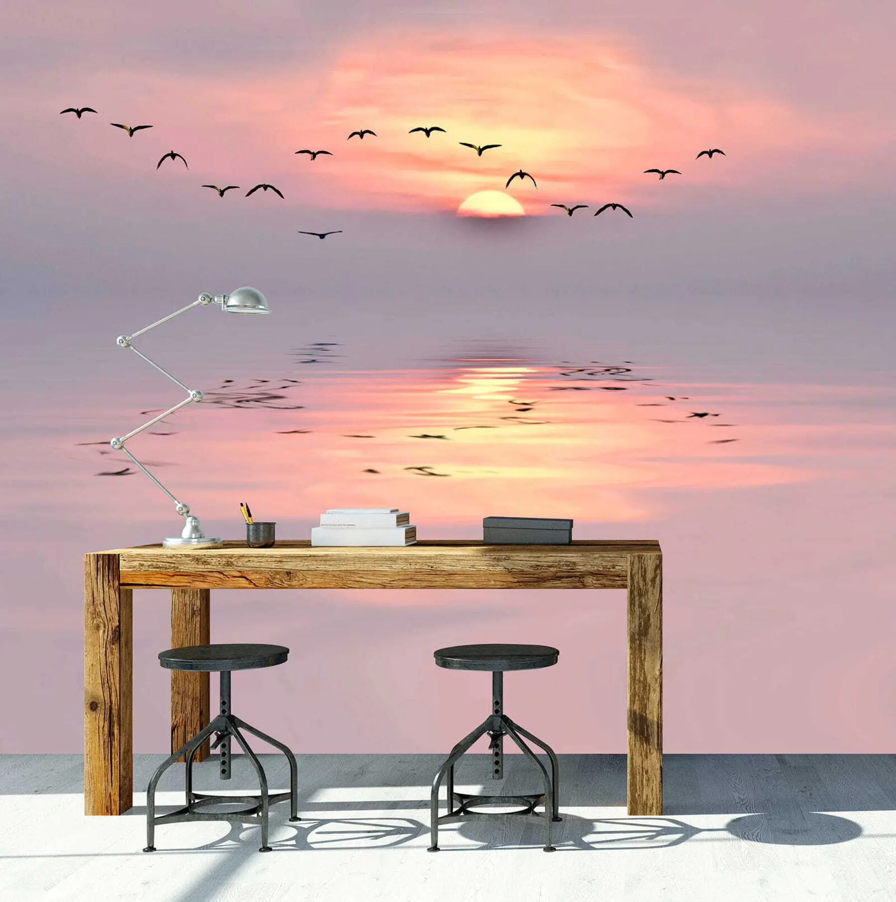 Carta da parati Mare Gabbiani al tramonto