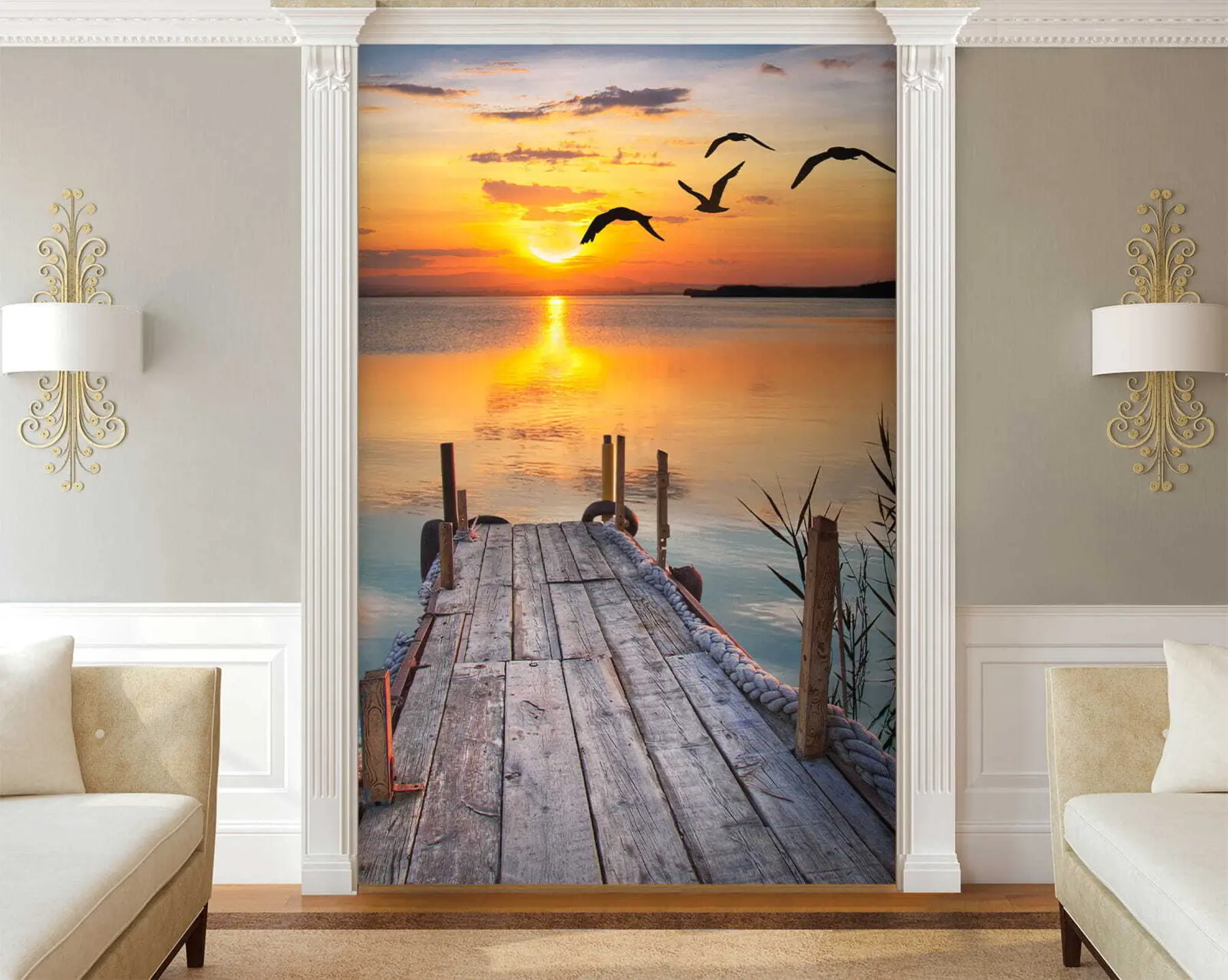 Carta da parati Mare Gabbiani e molo