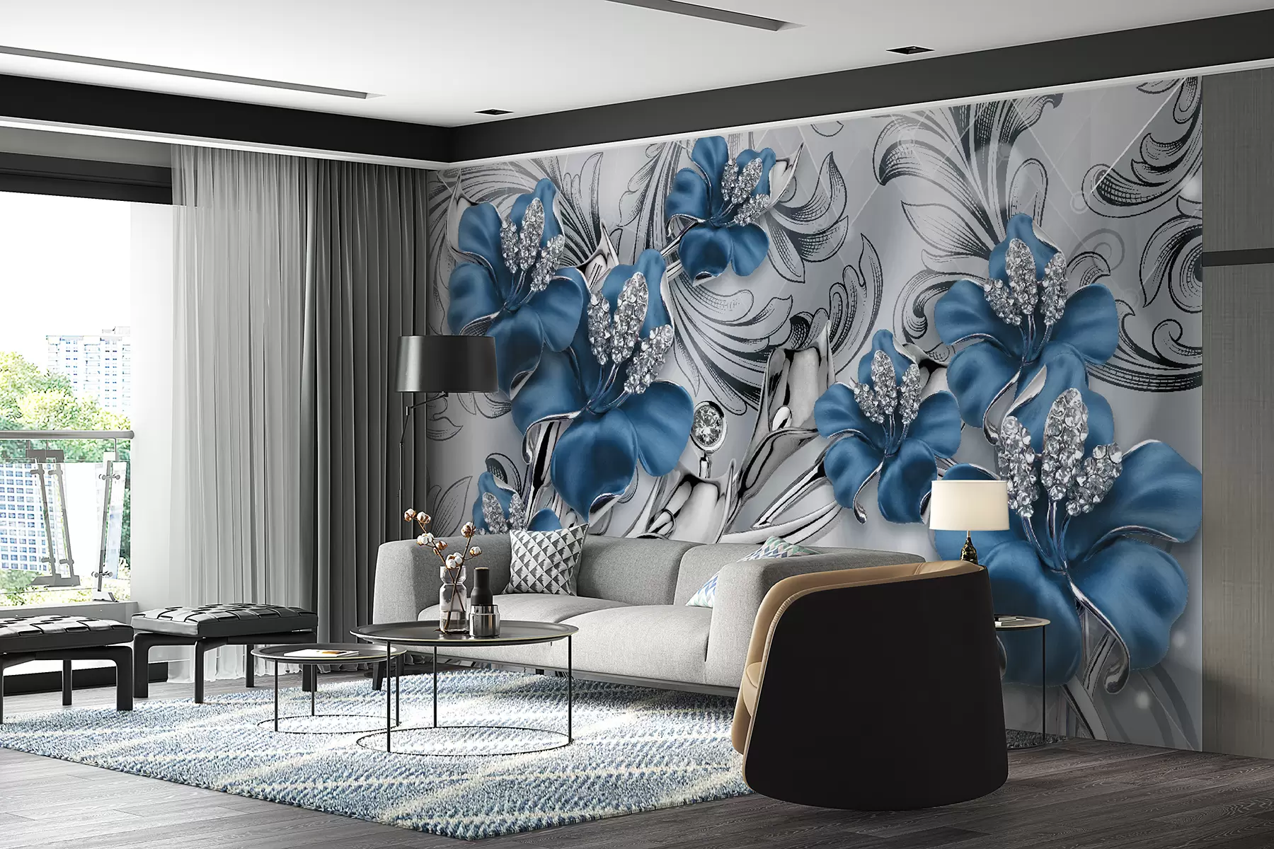 Carta da parati 3D Fiori Fiori azzurri n. u60405