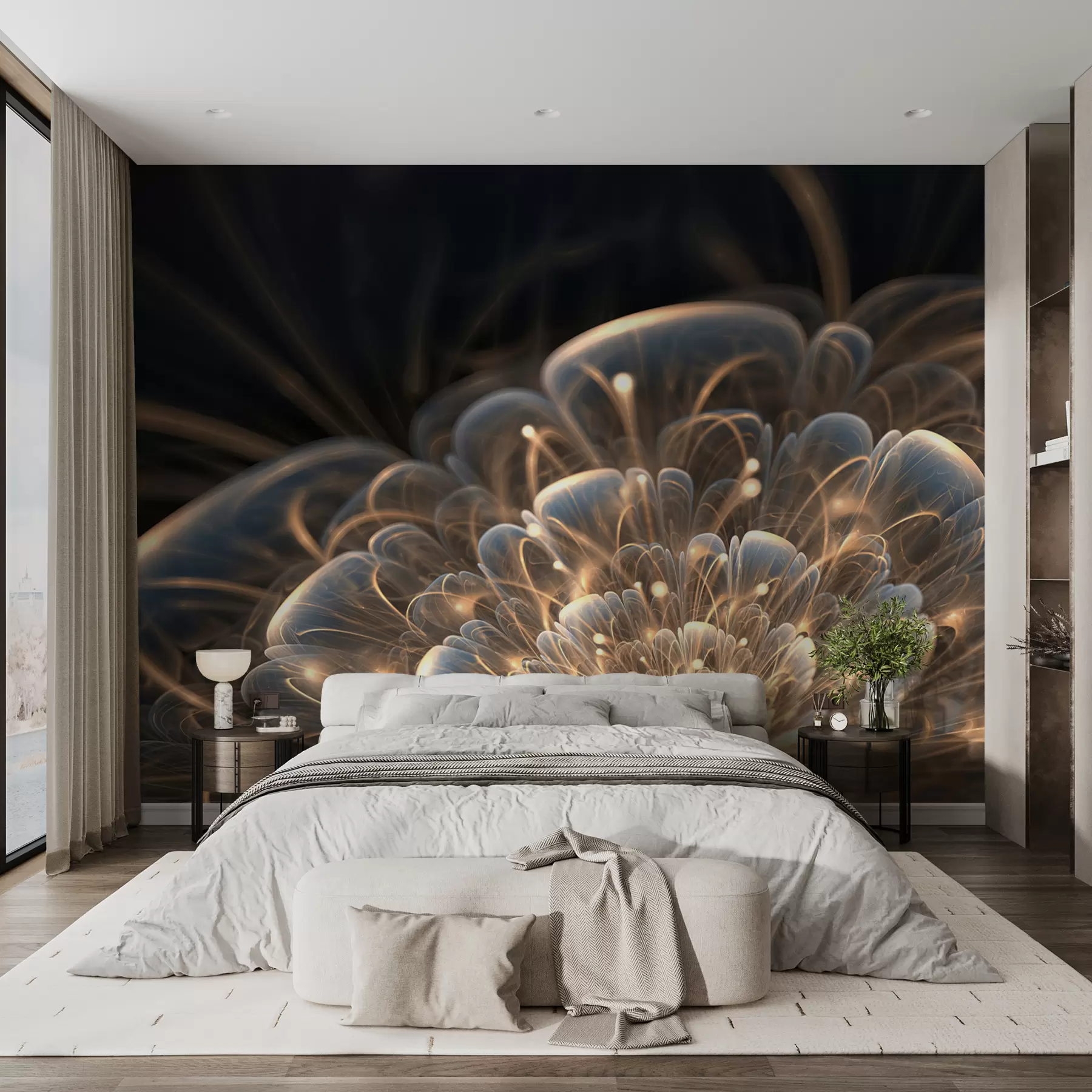 Carta da parati 3D Fiori Disegno con luce su sfondo scuro n. u59705