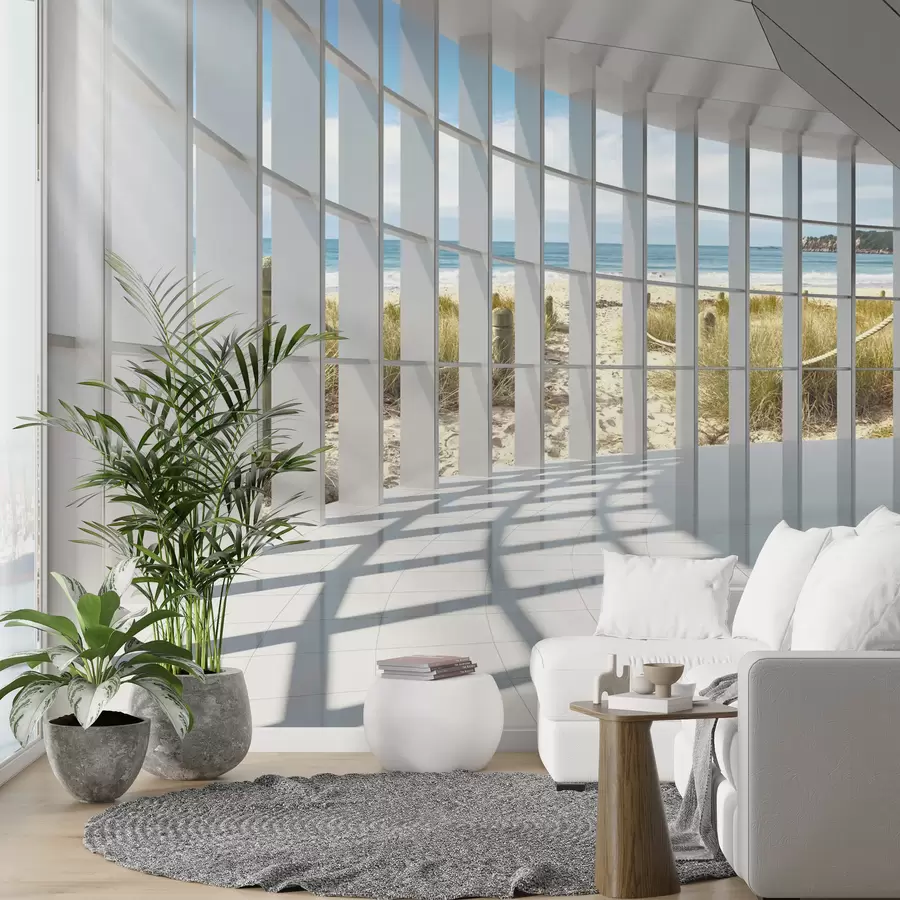 Carta da parati Finestre Corridoio 3D con vista mare
