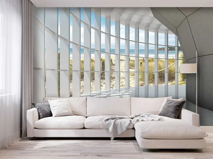 Carta da parati Finestre Corridoio 3D con vista mare