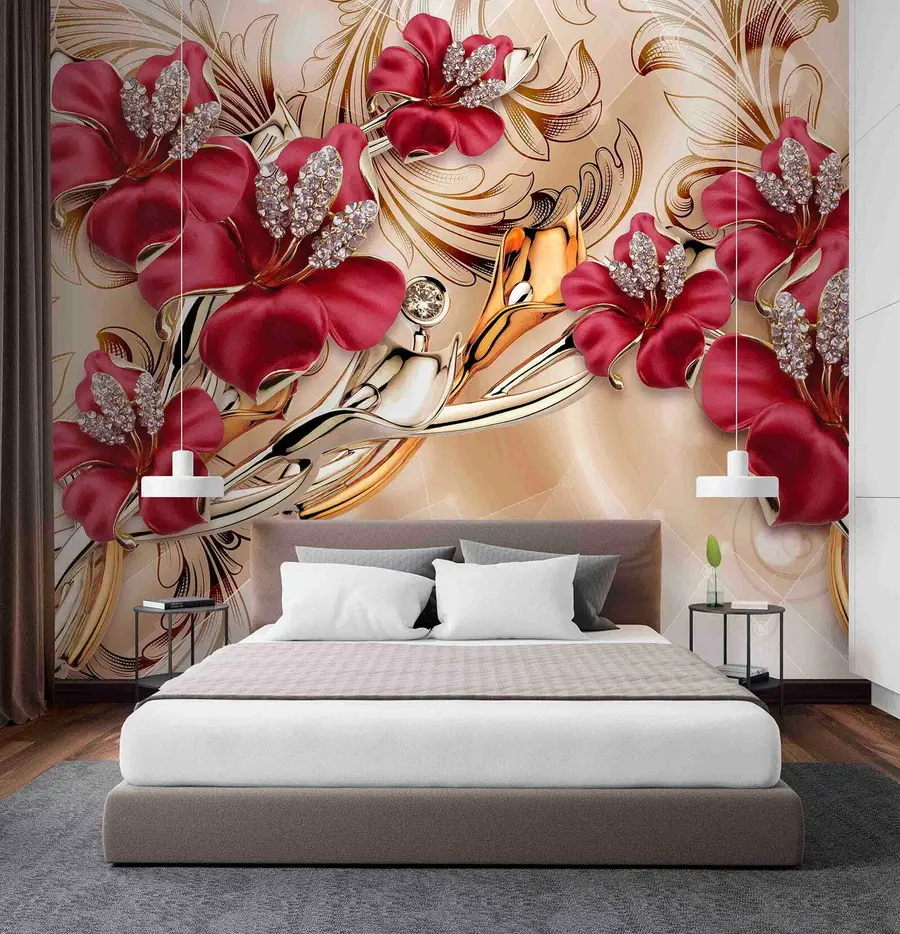 Carta da parati 3D Fiori Gigli rossi con effetto 3D n. u70604