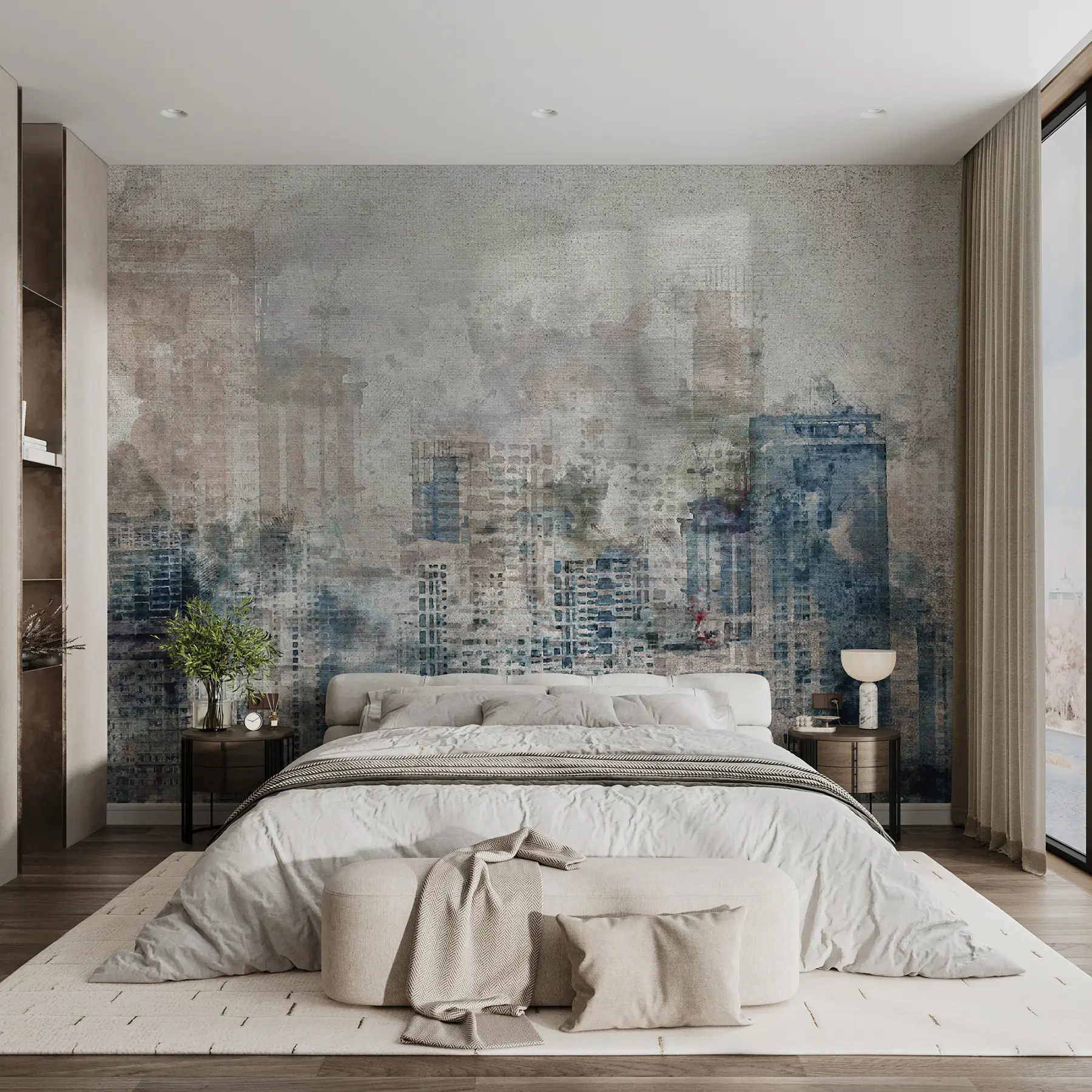 Carta da parati con la vista di città Città dell'acquerello, tela 