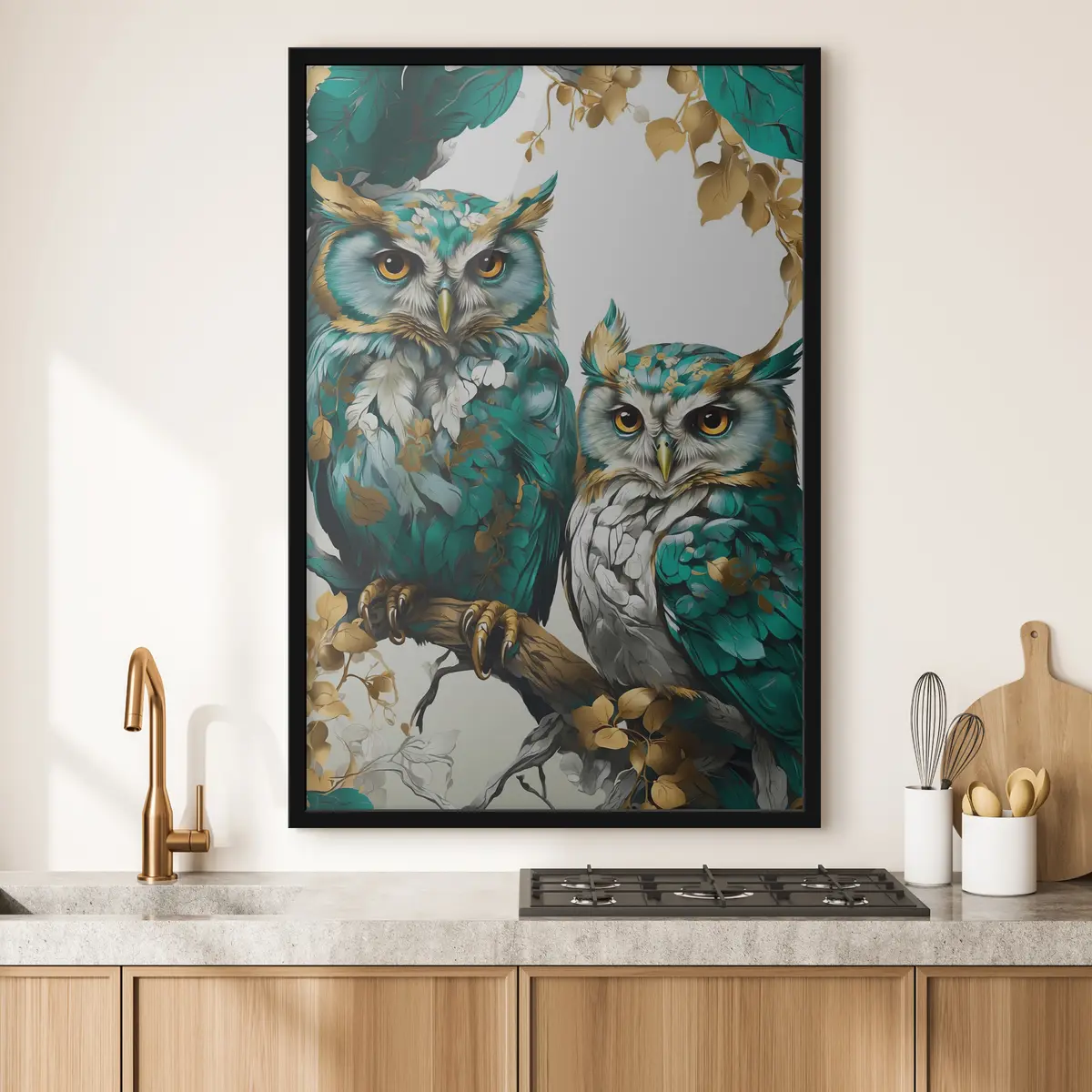 Poster Due gufi verdi tra le foglie f37569