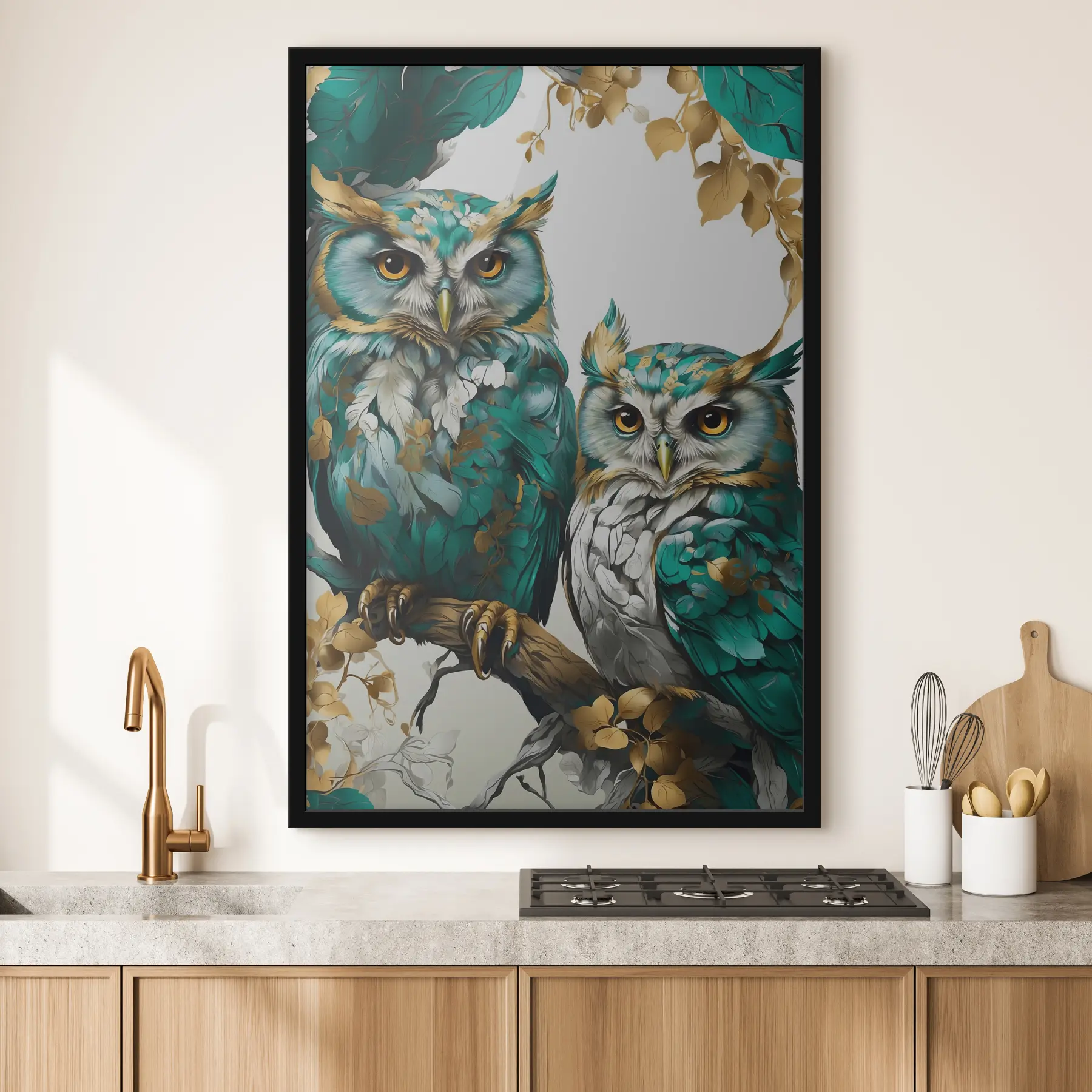 carta da parati Due gufi verdi tra le foglie nr. f37569