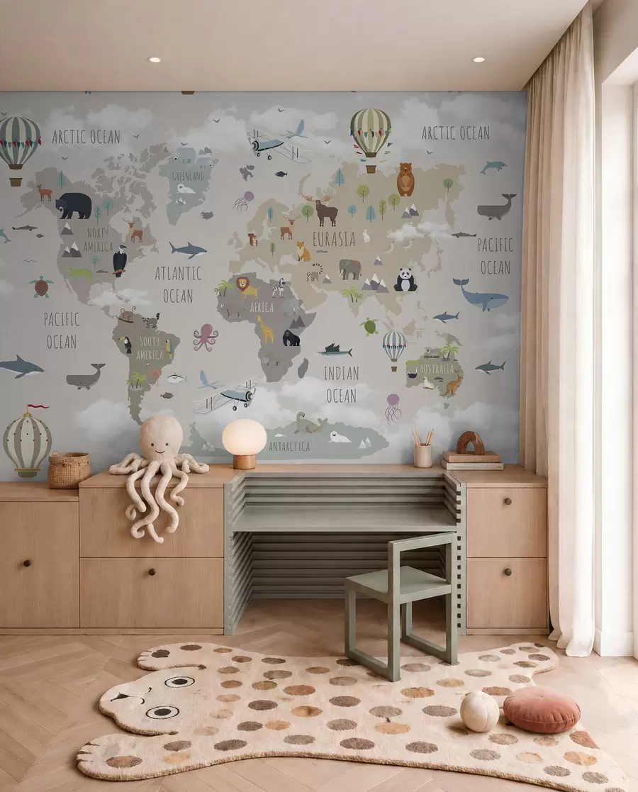 carta da parati Mappa del mondo con animali e palloncini nr. u96461d1