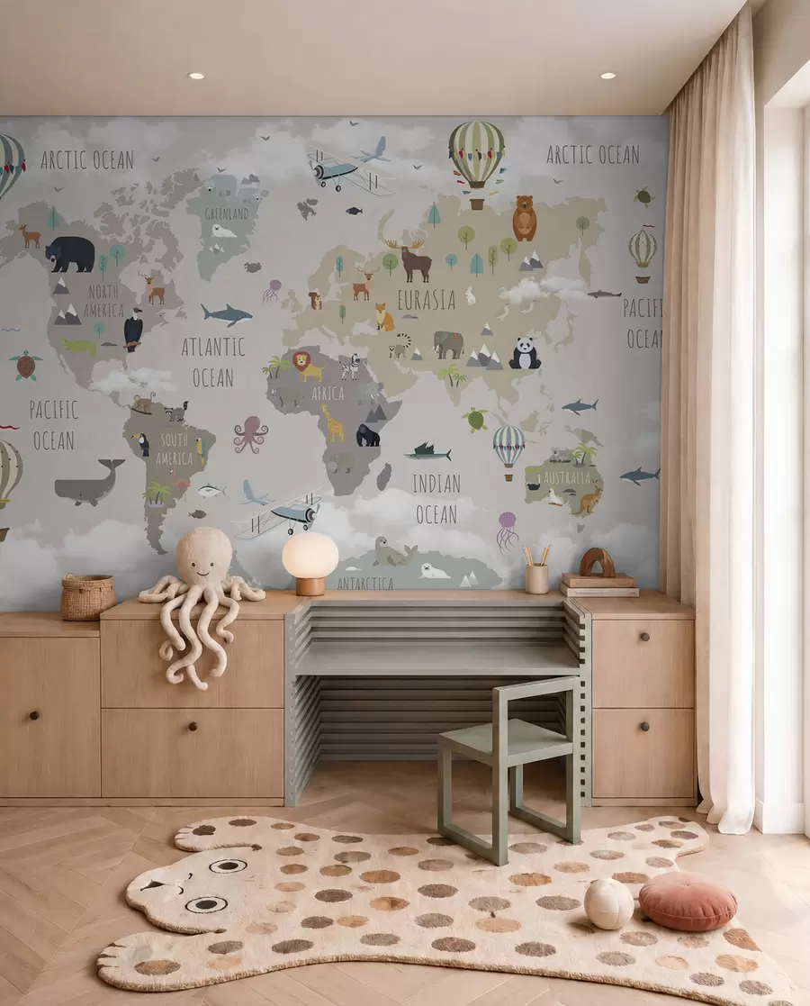 carta da parati Mappa del mondo con animali e palloncini nr. u96461d2