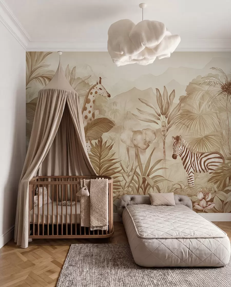 Carta da parati per Bambini Foresta della giungla, palme, giraffa, elefante, zebra, acquerello, colore beige, albero di banane, fiori 