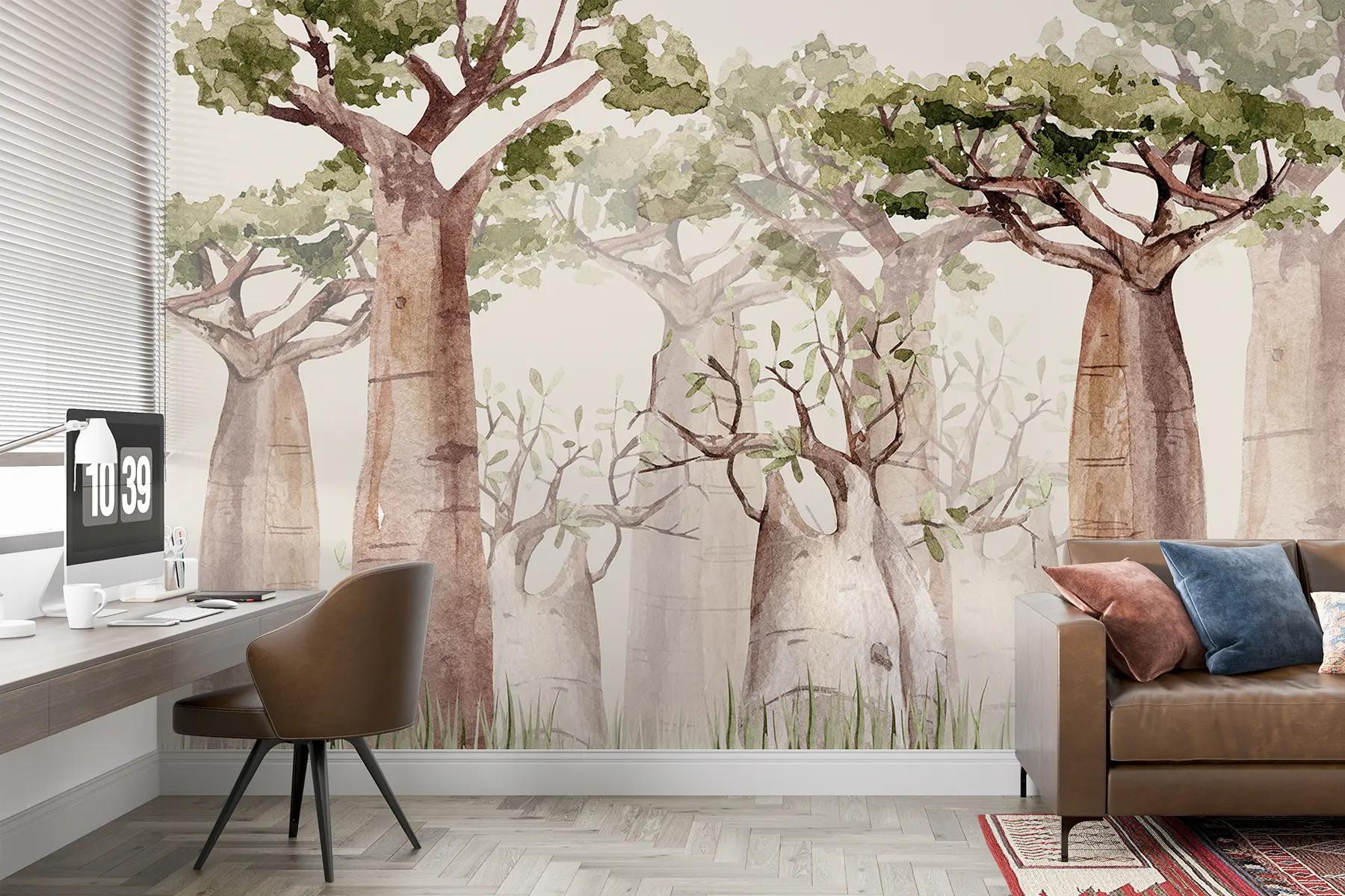 carta da parati Albero di baobab, tema safari, foresta, colori beige e verde nr. w00082