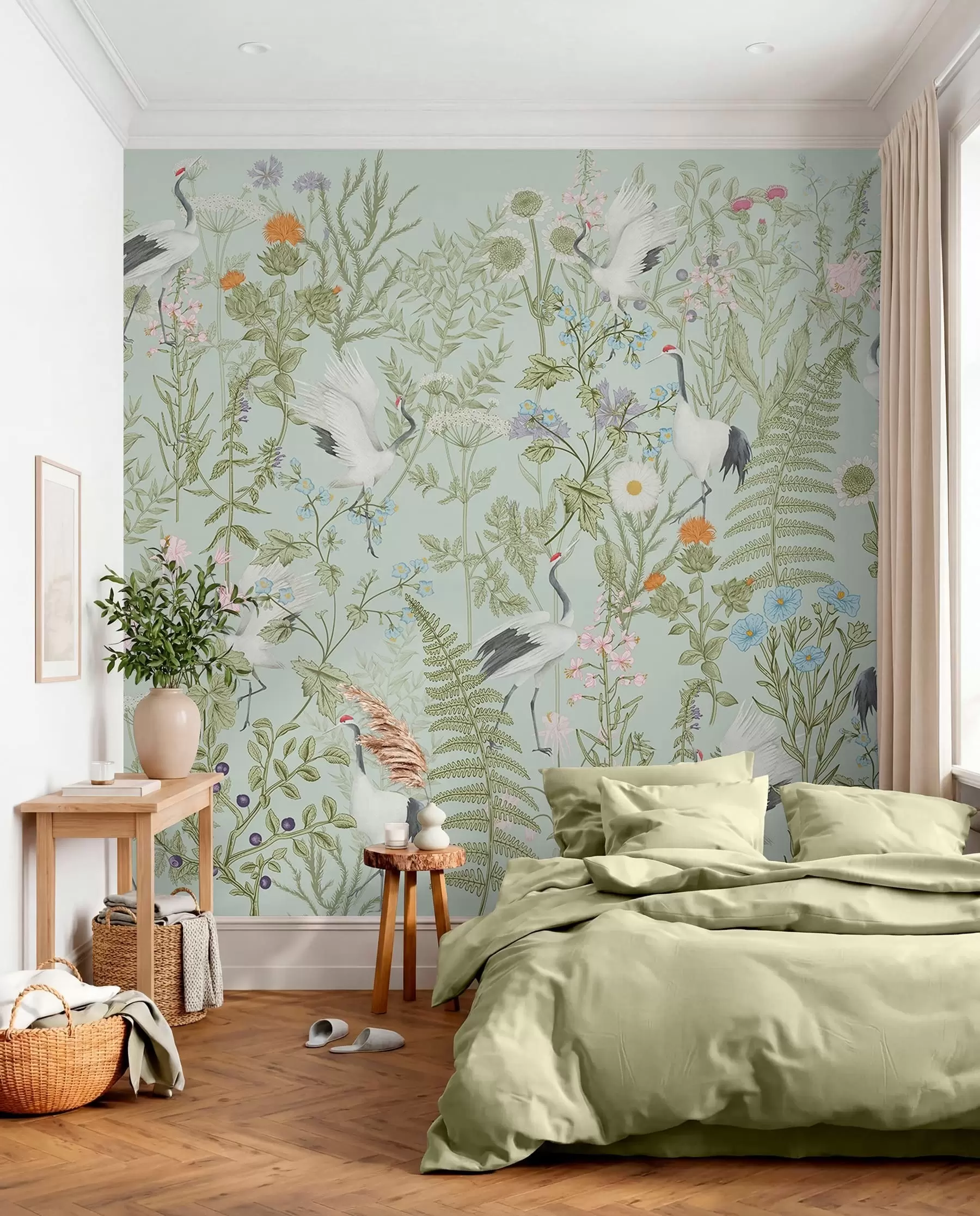 carta da parati Ornamento di fiori con uccelli, stile rustico, botanico, prato, sfondo blu nr. w00380v4