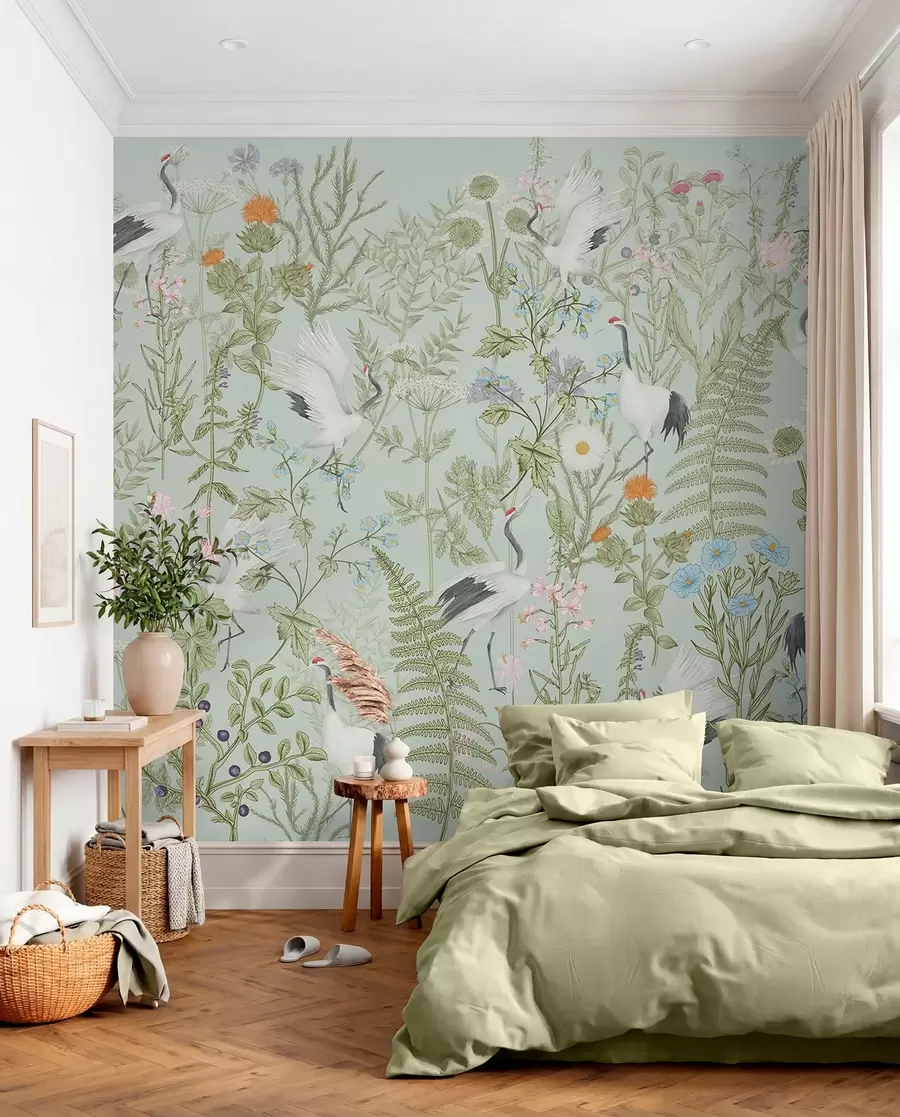 carta da parati Ornamento di fiori con uccelli, stile rustico, botanico, prato, sfondo blu nr. w00380v4