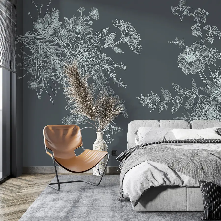 Carta da parati Floreale Ornamento floreale, minimalismo, line art, stile boho, rustico, peonia, margherita, sfondo blu scuro  n. w00381v1