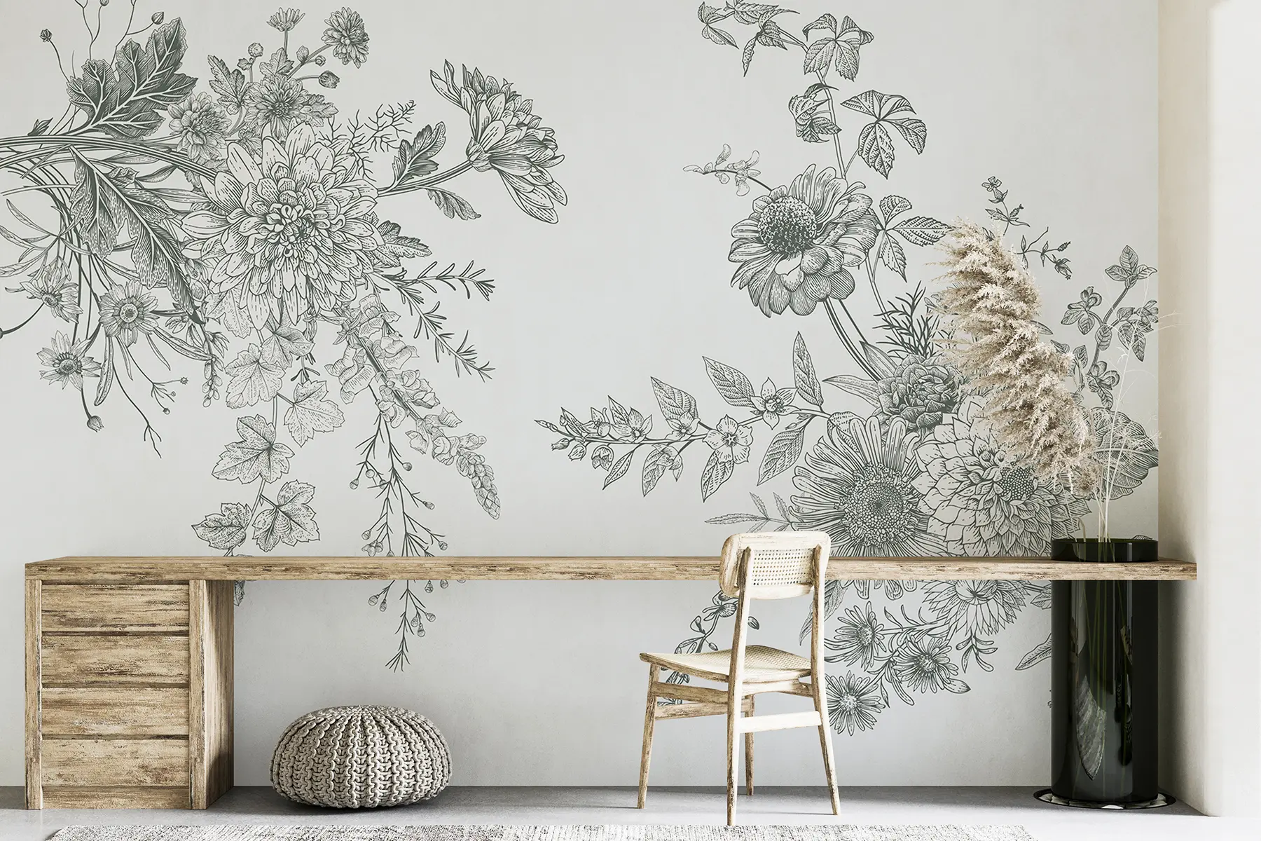 Carta da parati Floreale Ornamento floreale, minimalismo, line art, stile boho, rustico, peonia, margherita, colori blu, prato n. w00381v3