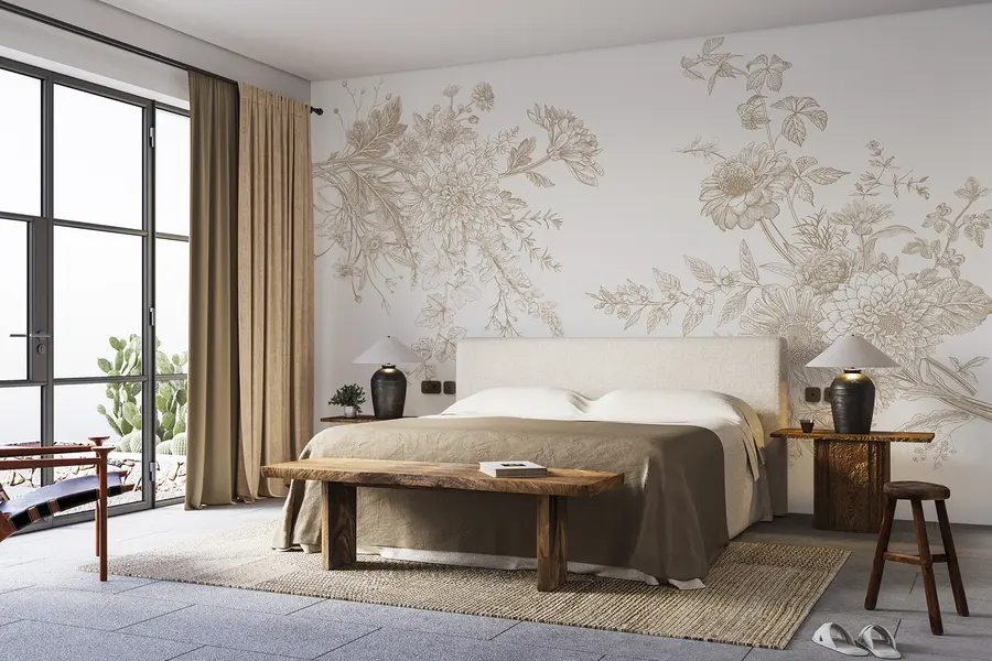 Carta da parati Floreale Ornamento floreale, minimalismo, line art, stile boho, rustico, peonia, margherita, colori beige, prato n. w00381v4