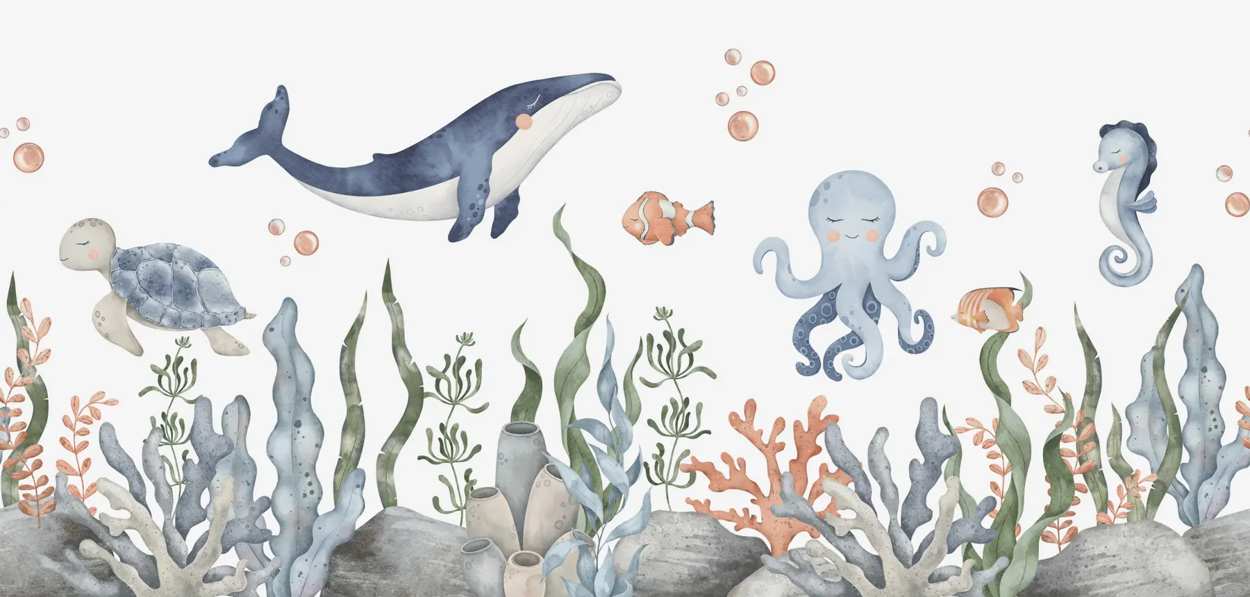 carta da parati Mondo sottomarino con balene, polpi, tartarughe nr. w00383