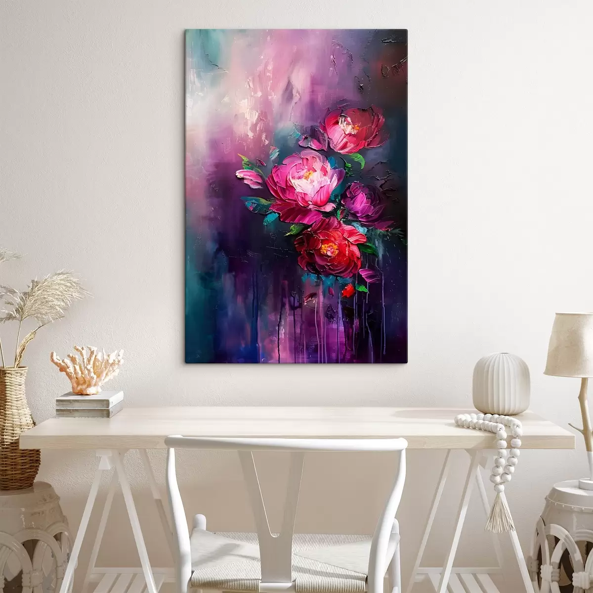 carta da parati Dipingere rose, fiori che sbocciano in stile pittura a olio, su uno sfondo viola scuro  nr. s38108