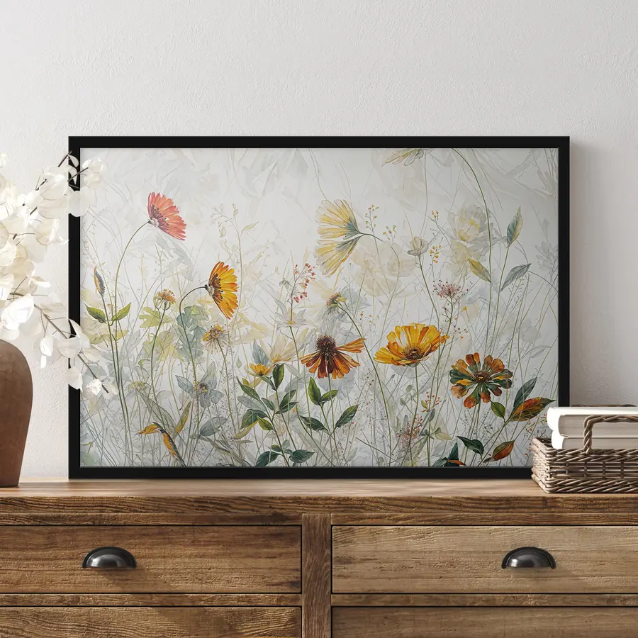 carta da parati Fiori delicati del campo sulla pittura a olio del fondo bianco nr. f38197