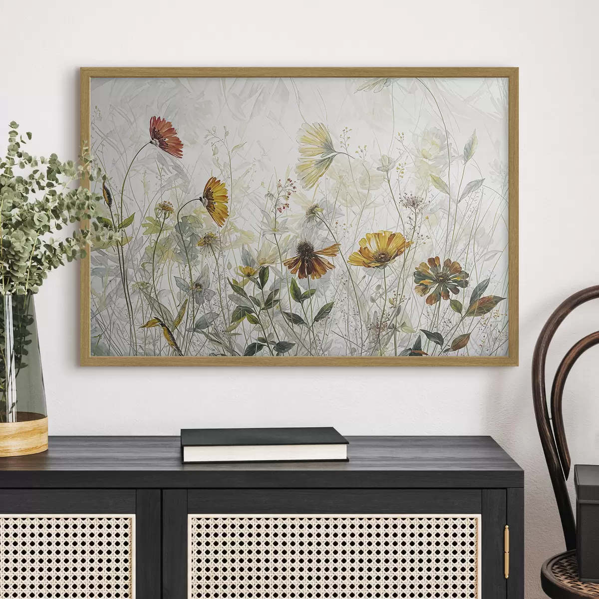 Poster Fiori delicati del campo sulla pittura a olio del fondo bianco f38197