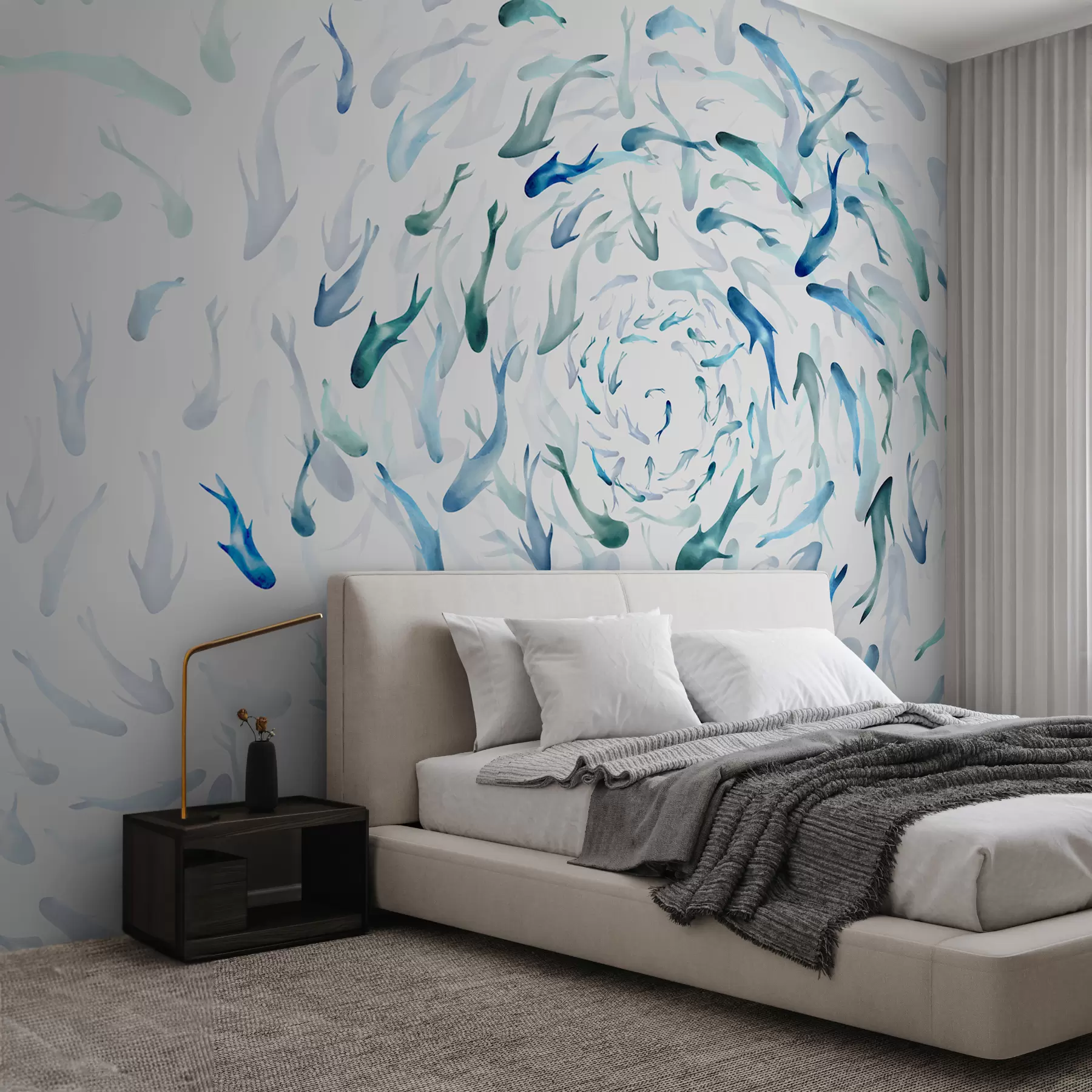 carta da parati Pesce che vortica in una vasca idromassaggio, danza del pesce, acquerello, squalo, composizione astratta, minimalismo, colore blu, verde nr. w00510