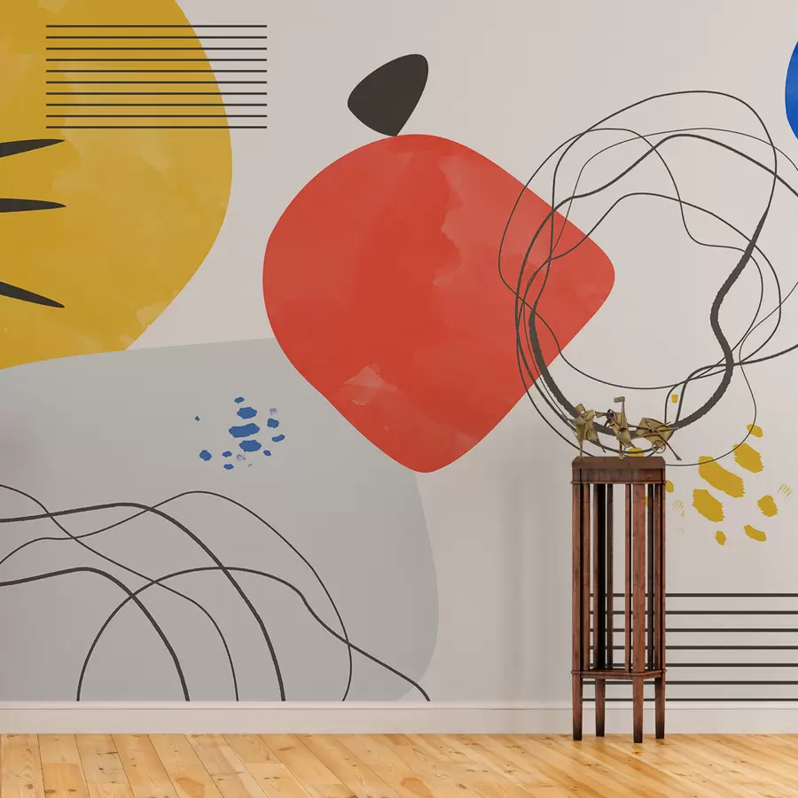 carta da parati Astrazione moderna, punto luminoso, boho, geometria, topografia, curve, linee, rosso, giallo, blu, nero nr. w00514