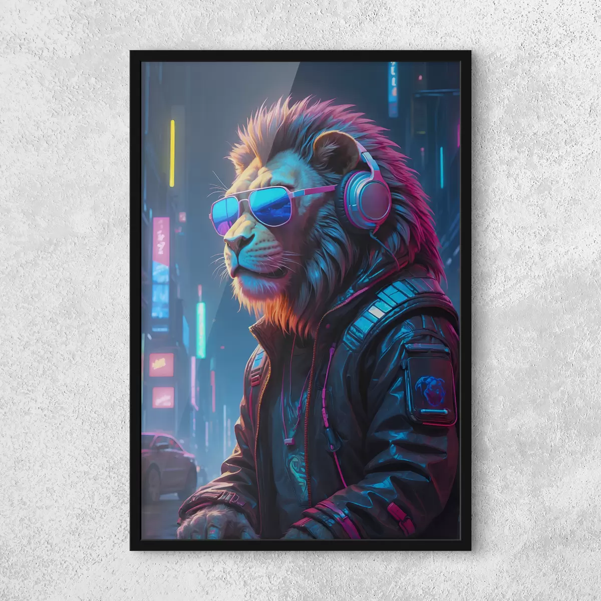 Poster Un leone elegante in una città vivace f38169