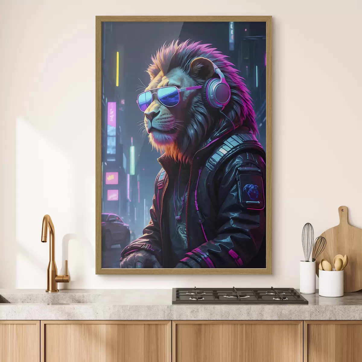 Poster Un leone elegante in una città vivace f38169