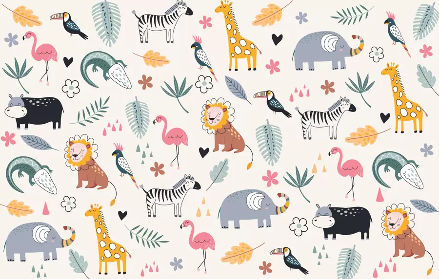 Carta da parati per Bambini animali, leoni, giraffe, elefanti, foglie, baby room 
