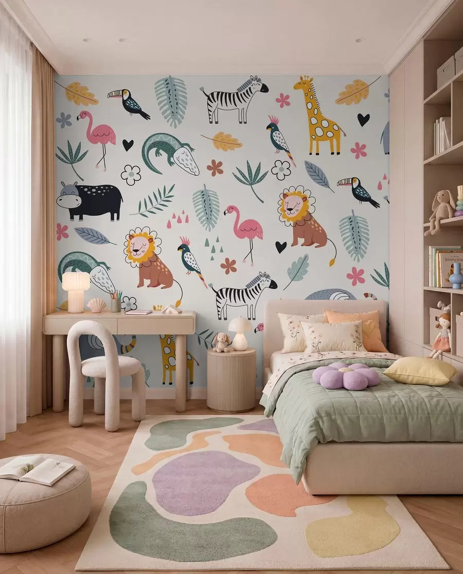 Carta da parati per Bambini animali, leoni, giraffe, elefanti, foglie, baby room 