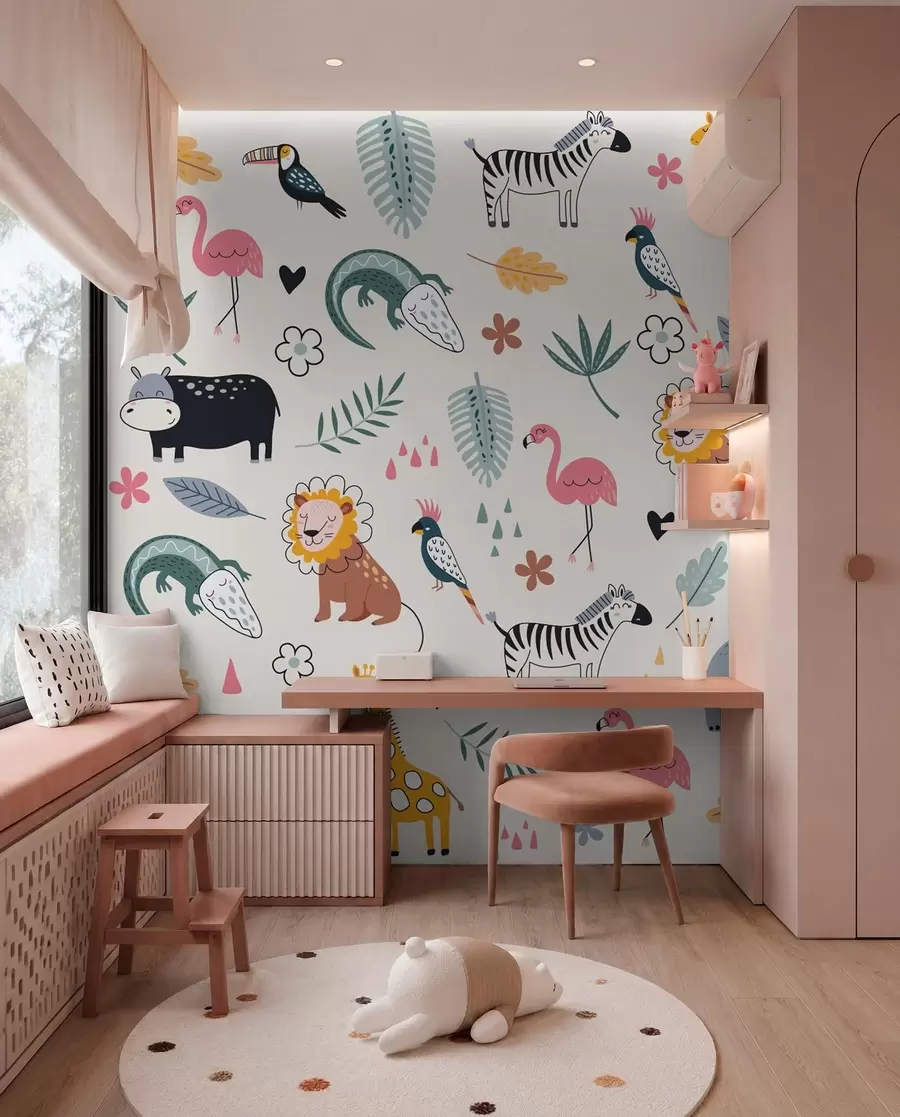 Carta da parati per Bambini animali, leoni, giraffe, elefanti, foglie, baby room 
